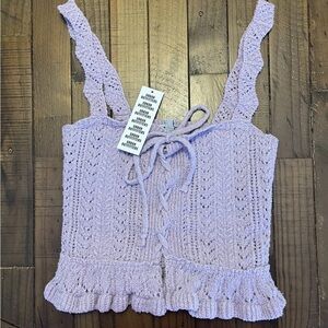 NEW Urban Outfitters Lavender crochet sweater Knit Tie-Front Ruffle Tank Small